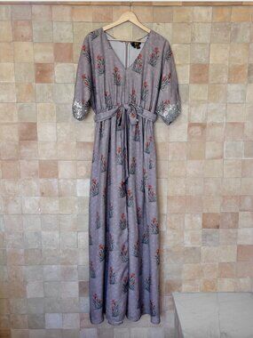 Sachin & Babi Gown Dress Taupe Floral Sequin Size 6